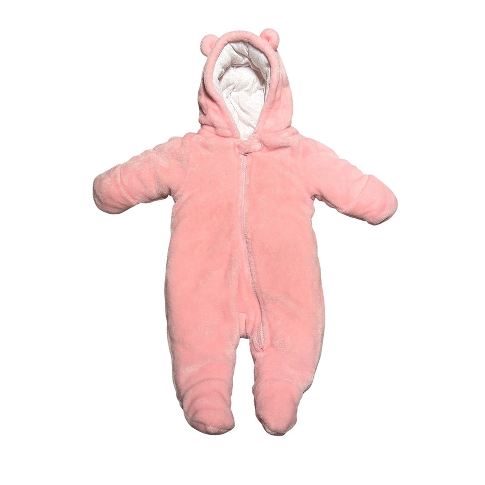 Wonder Nation Plush Pram Bunting Baby 0-3M Pink Frost Bear Ear Hooded Snowsuit